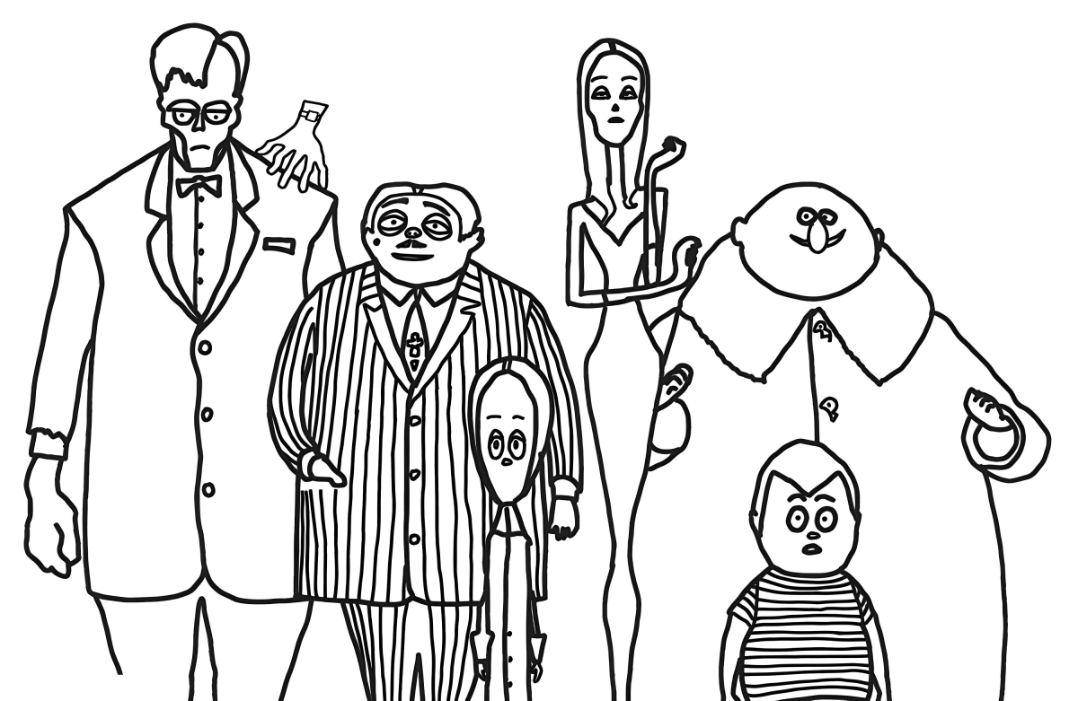 Desenho de A Família Addams reunida para imprimir e colorir