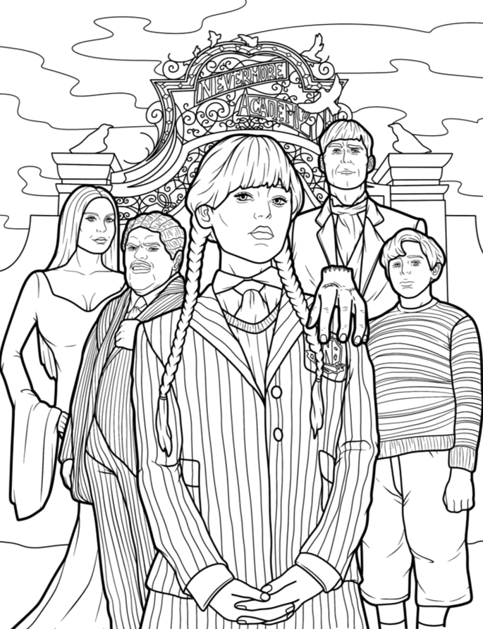 Desenho de A Família Addams reunida para imprimir e colorir