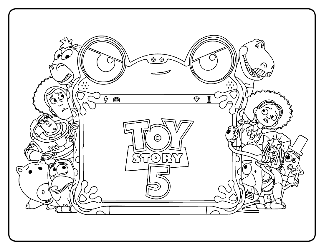 Desenho de A turma de Toy Story 5 e a tela do tablet para imprimir e colorir