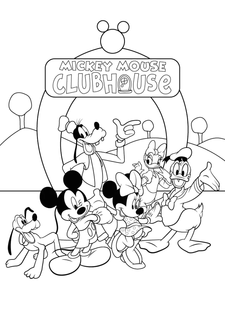 Desenho de A turma do Mickey na Casa do Mickey Mouse para imprimir e colorir