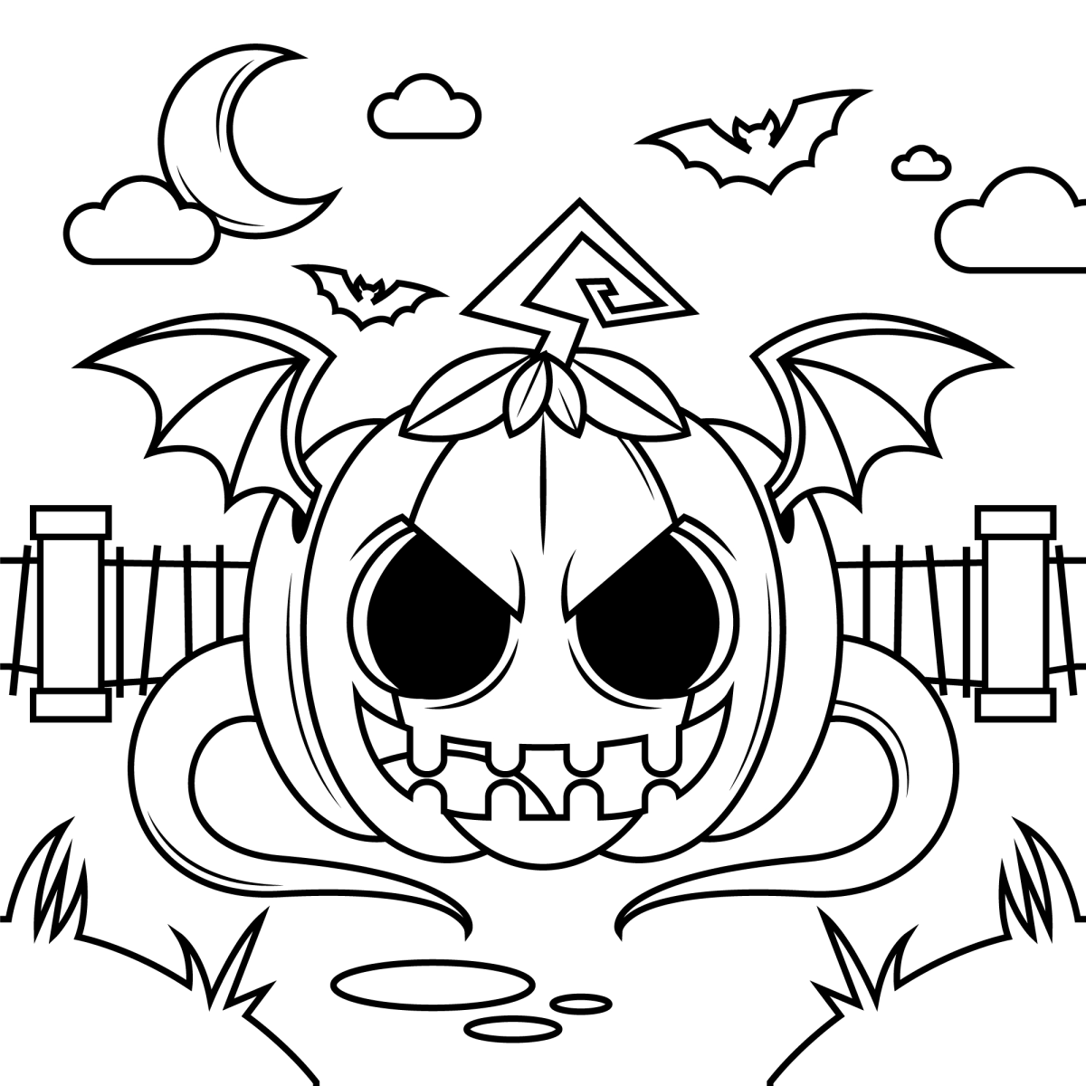 Desenho de Abóbora assustadora com asas de morcego para imprimir e colorir