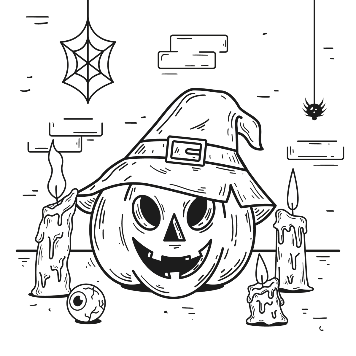 Desenho de Abóbora bruxa com teia e aranha para imprimir e colorir
