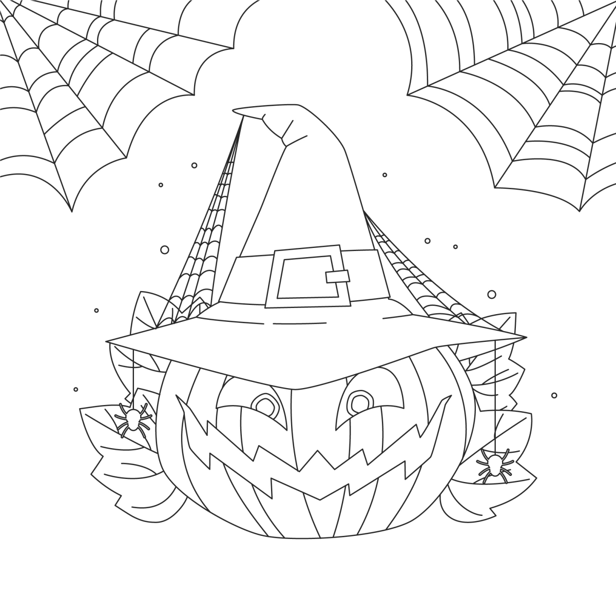 Desenho de Abóbora com chapéu de bruxa e teias de aranha para imprimir e colorir