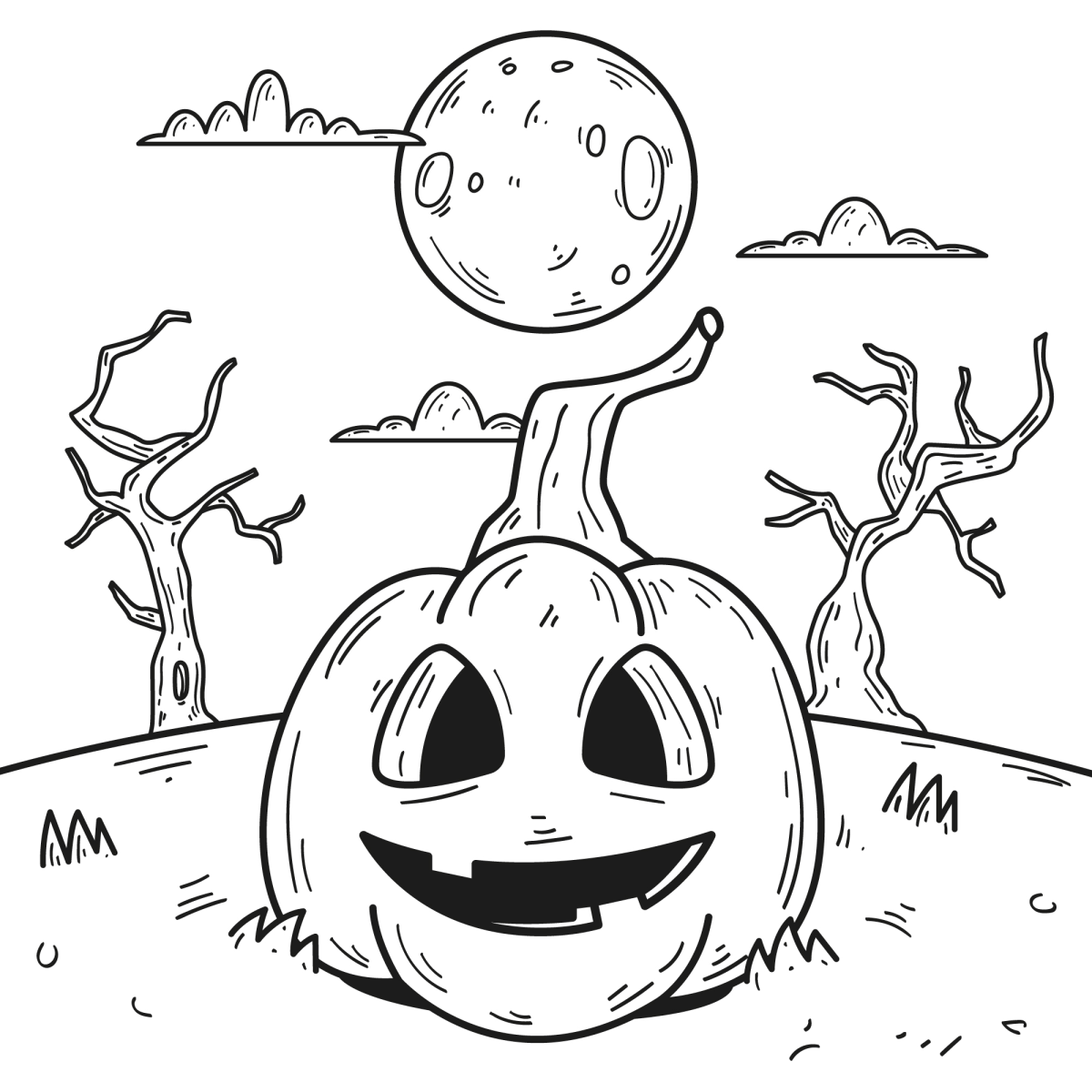 Desenho de Abóbora feliz na noite de lua cheia para imprimir e colorir