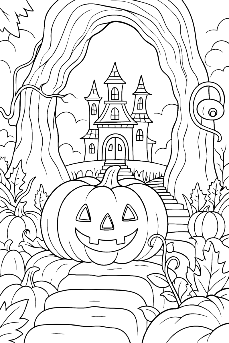 Desenho de Abóbora na trilha do castelo assombrado para imprimir e colorir
