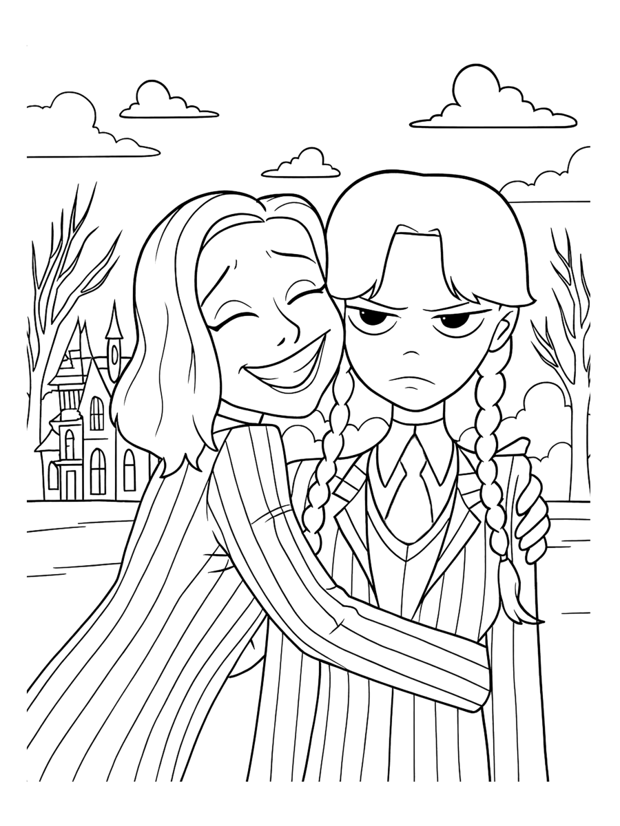 Desenho de Abraço de Mortícia e Wandinha para imprimir e colorir