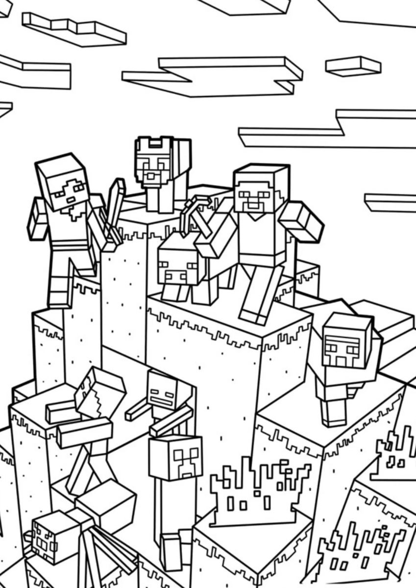 Desenho de Aldeões e Steve na vila para imprimir e colorir