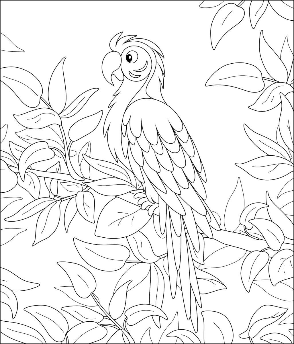 Desenho de Arara entre as folhas da mata para imprimir e colorir