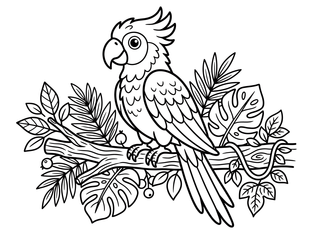 Desenho de Arara entre folhas de costela-de-adão para imprimir e colorir