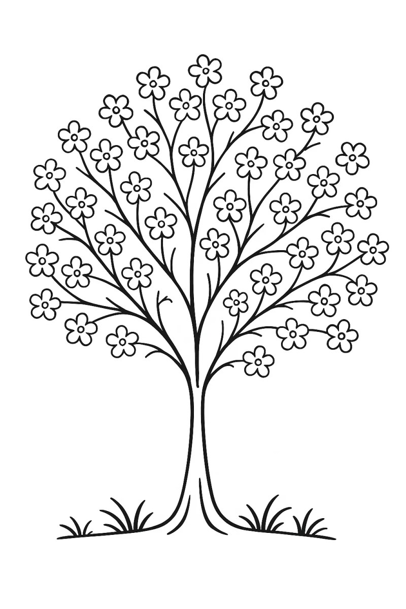 Desenho de Árvore com flores e grama para imprimir e colorir