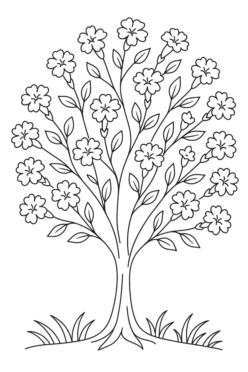 Desenho de Árvore florida na primavera para imprimir e colorir