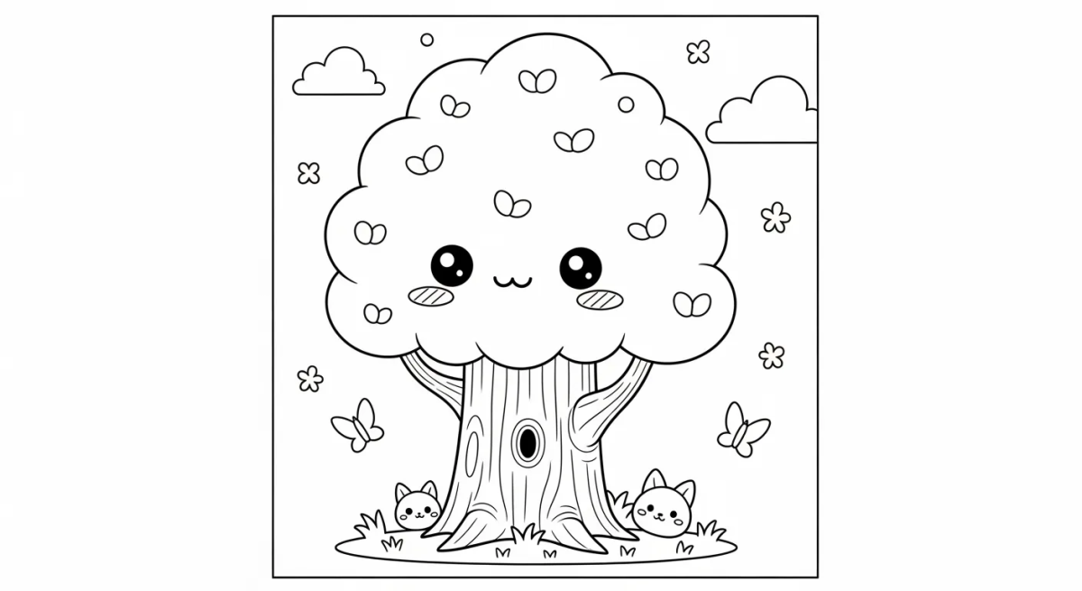 Desenho de Árvore fofa com casinha de passarinho para imprimir e colorir