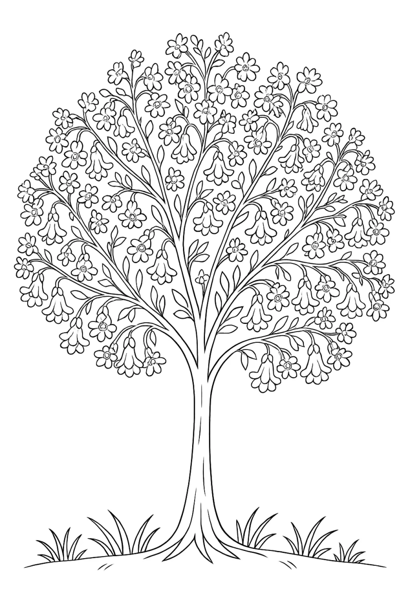 Desenho de Árvore frondosa no campo para imprimir e colorir