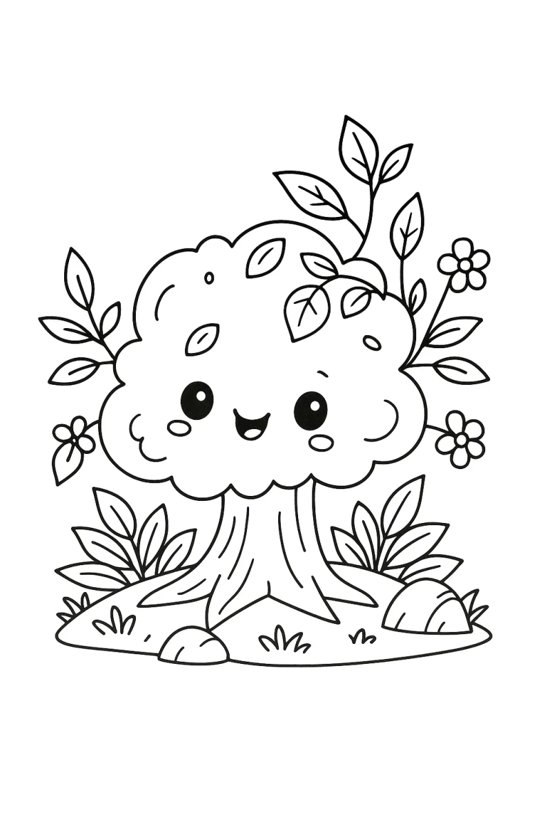 Desenho de Arvorezinha fofa com flores para imprimir e colorir