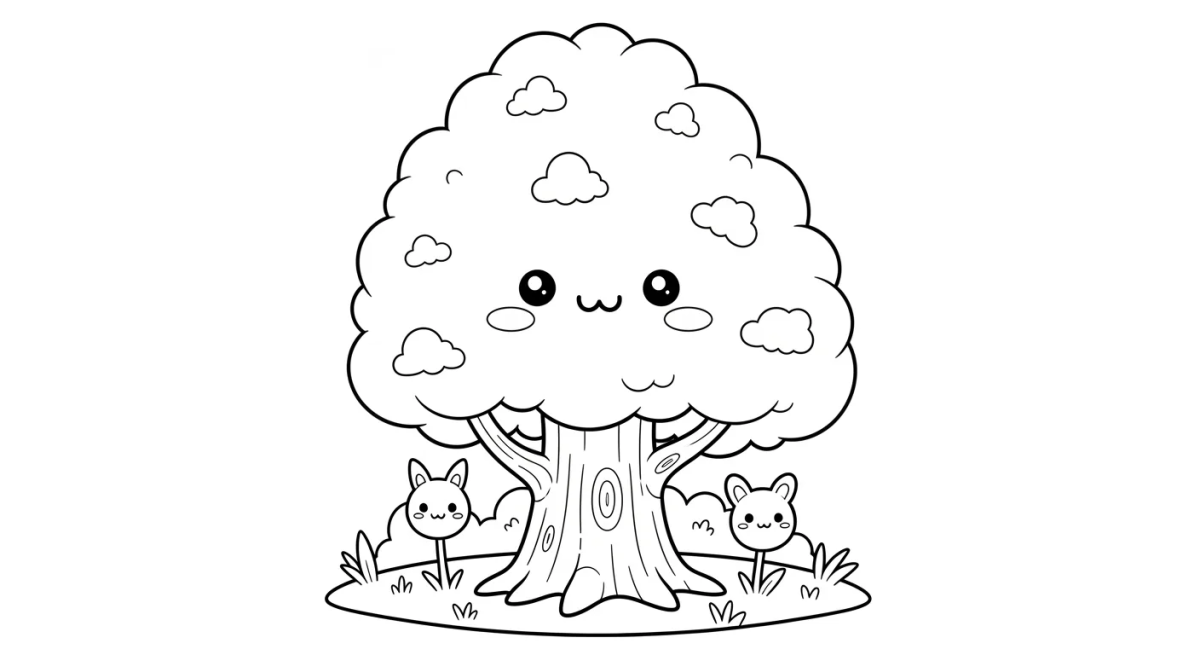 Desenho de Arvorezinha fofa sorridente para imprimir e colorir