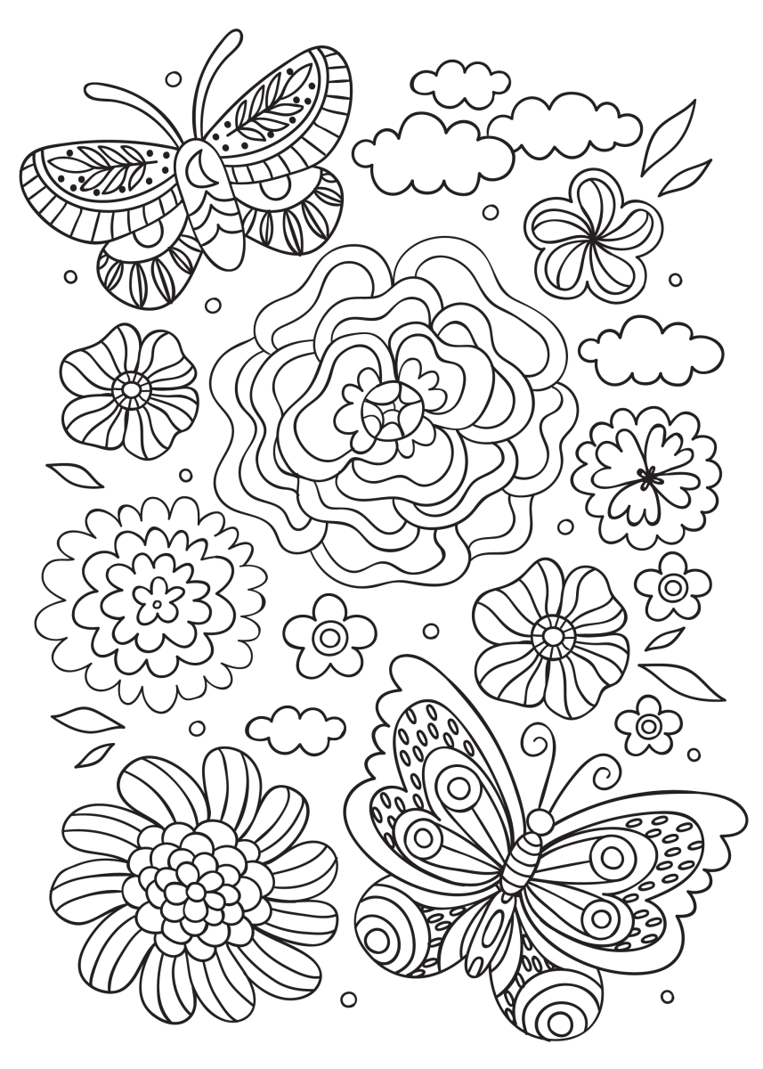 Desenho de Borboletas e Flores