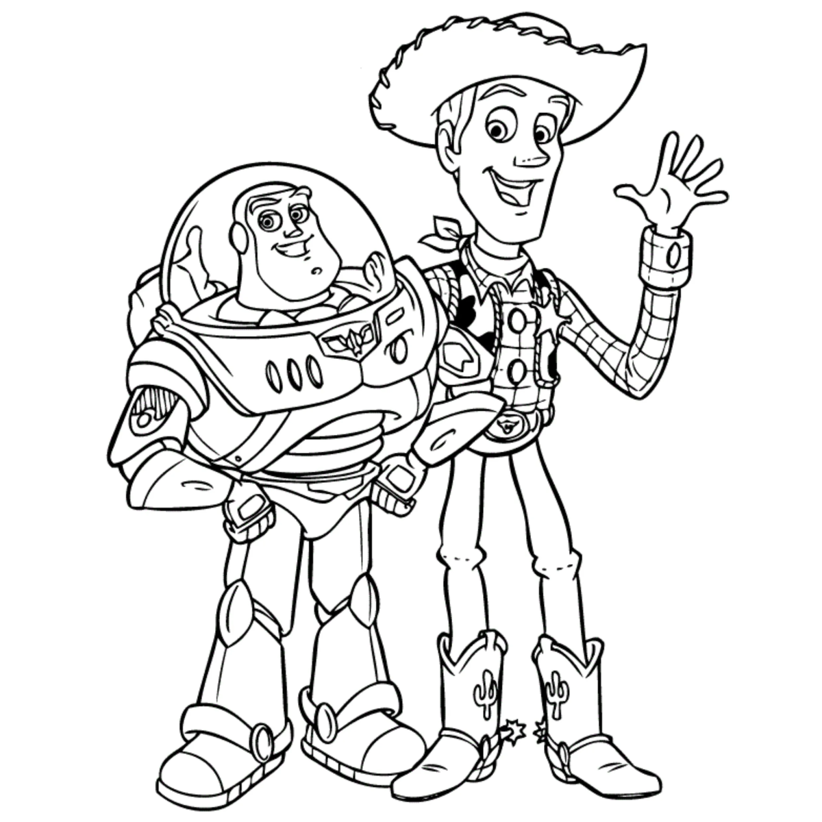 Desenho de Buzz e Woody se abraçando para imprimir e colorir