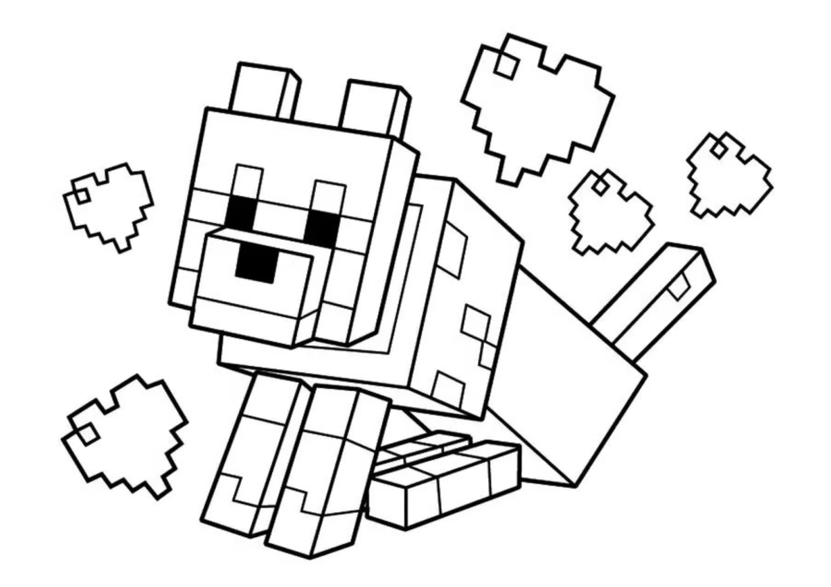 Desenho de Cachorro do Minecraft com corações para imprimir e colorir