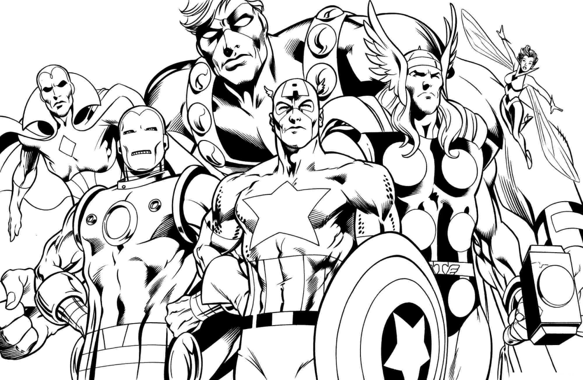 Desenho de Capitão América liderando os Vingadores para imprimir e colorir