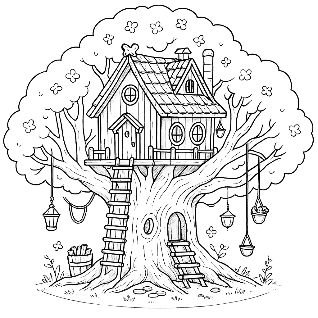 Desenho de Casa na árvore para imprimir e colorir