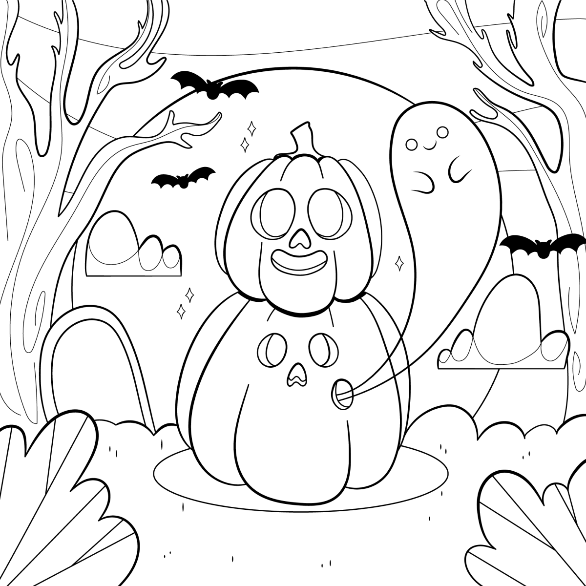 Desenho de Casinha de abóbora com fantasminha para imprimir e colorir