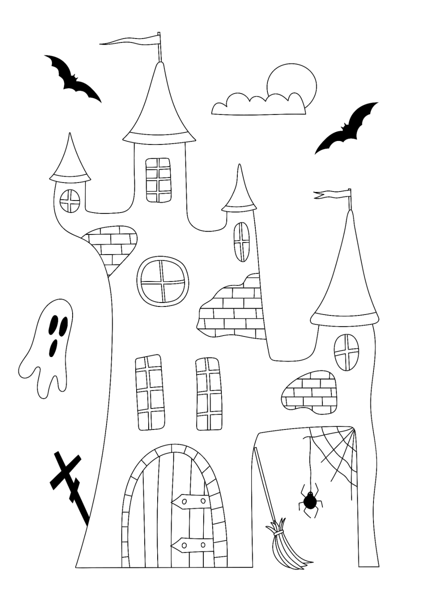 Desenho de Castelo assombrado com fantasma para imprimir e colorir