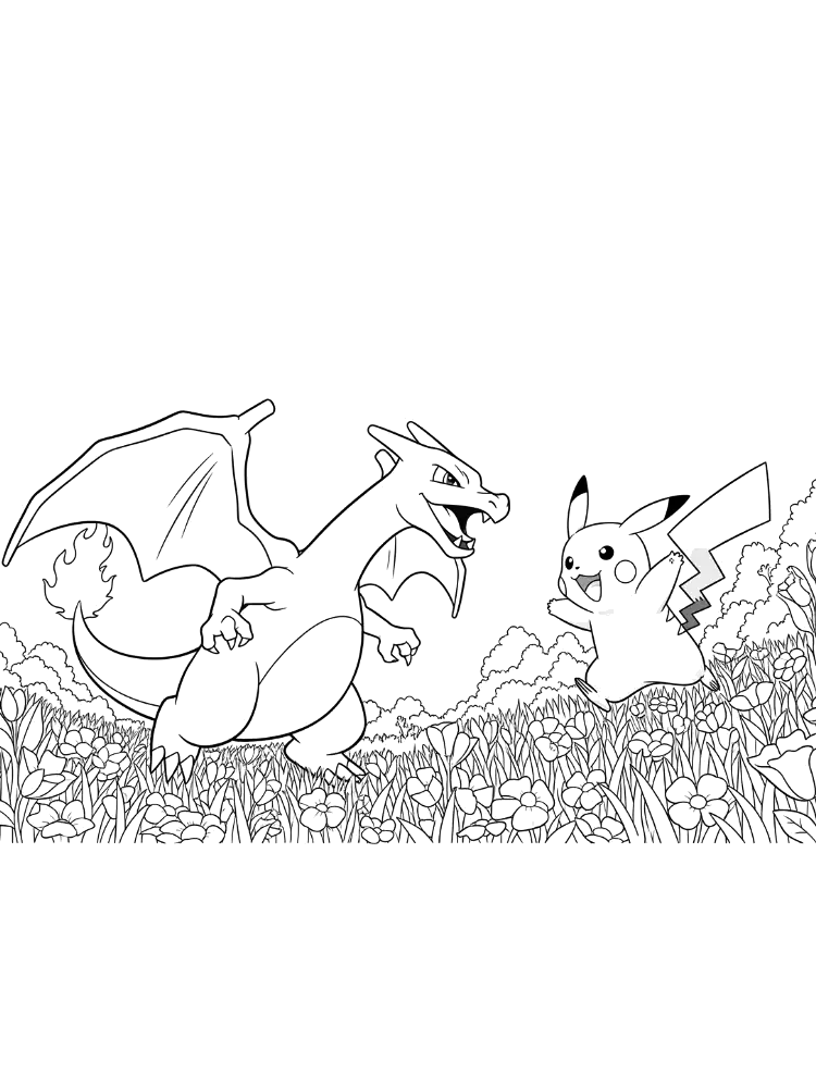 Desenho de Charizard e Pikachu no campo para imprimir e colorir