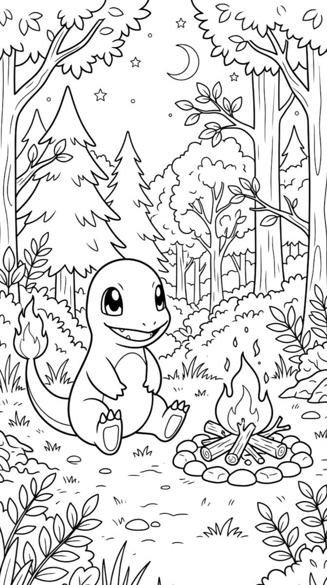 Desenho de Charmander acampando na floresta para imprimir e colorir