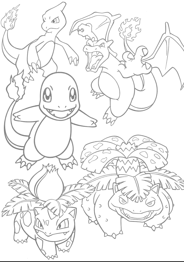 Desenho de Charmander, Squirtle e Bulbasaur, os iniciais para imprimir e colorir