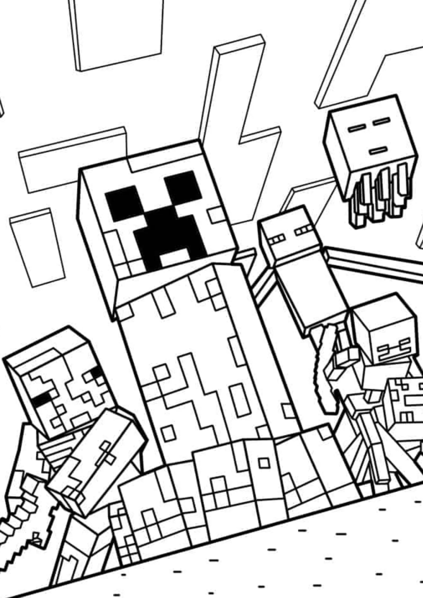 Desenho de Creeper e Ghast atacando para imprimir e colorir
