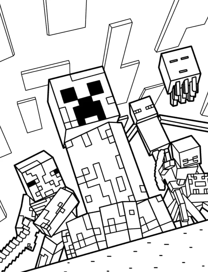 Desenho de Creeper explorando a mina para imprimir e colorir