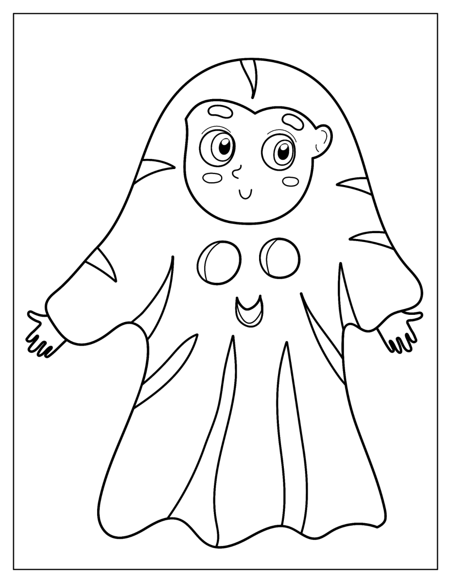 Desenho de Criança fantasiada de fantasma para imprimir e colorir