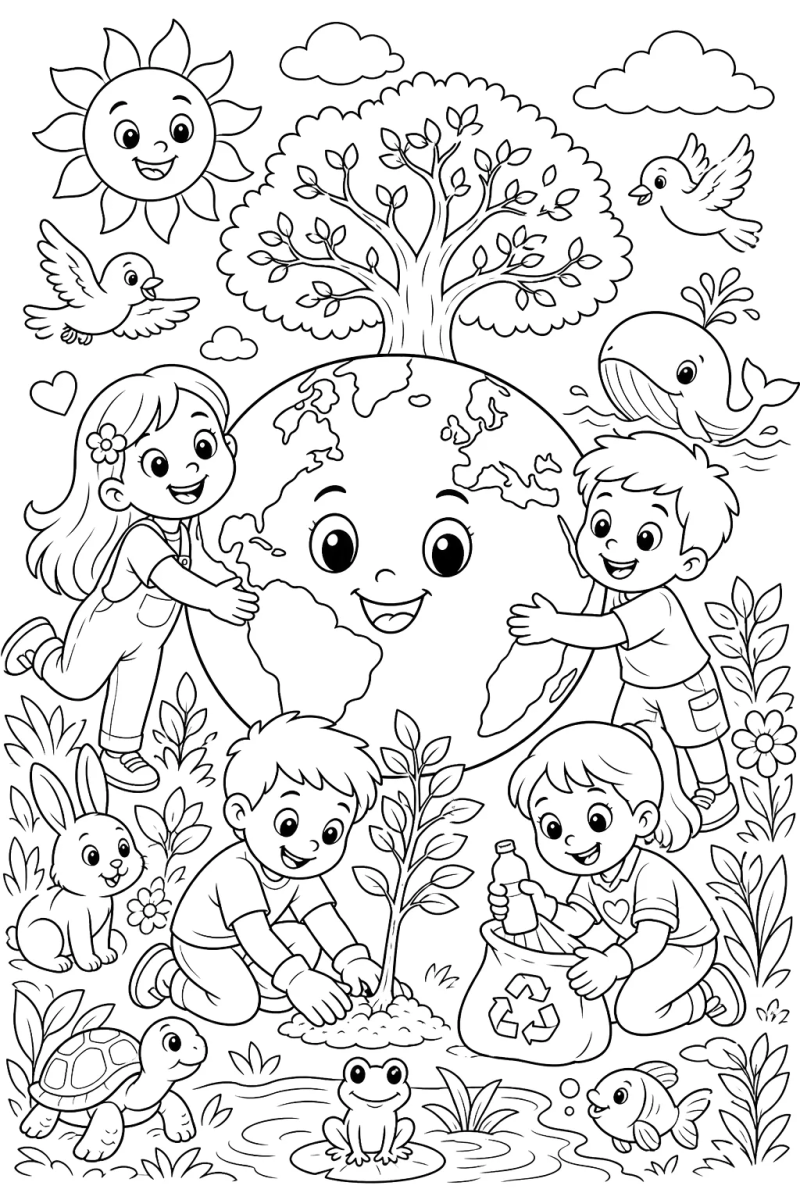 Desenho de Crianças ao redor da árvore feliz para imprimir e colorir