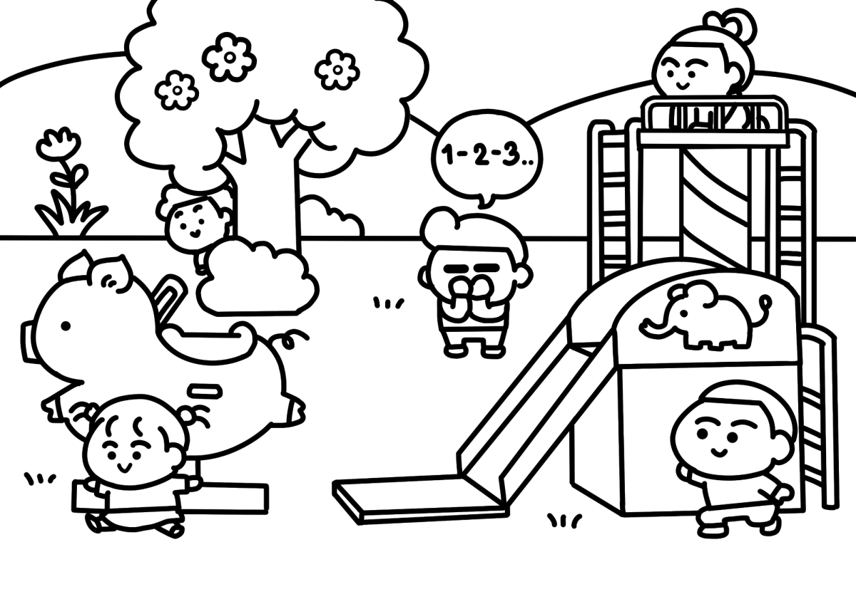 Desenho de Crianças brincando de esconde-esconde no parquinho para imprimir e colorir