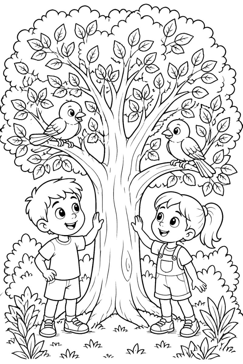 Desenho de Crianças brincando na árvore grande para imprimir e colorir
