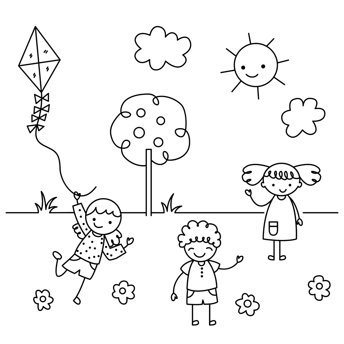 Desenho de Crianças empinando pipas no parque para imprimir e colorir