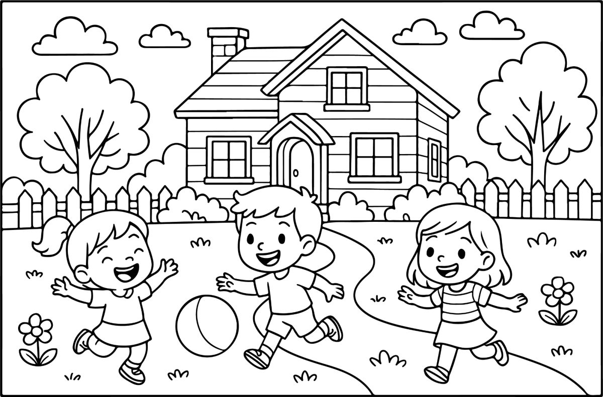 Desenho de Crianças jogando bola na frente de casa para imprimir e colorir