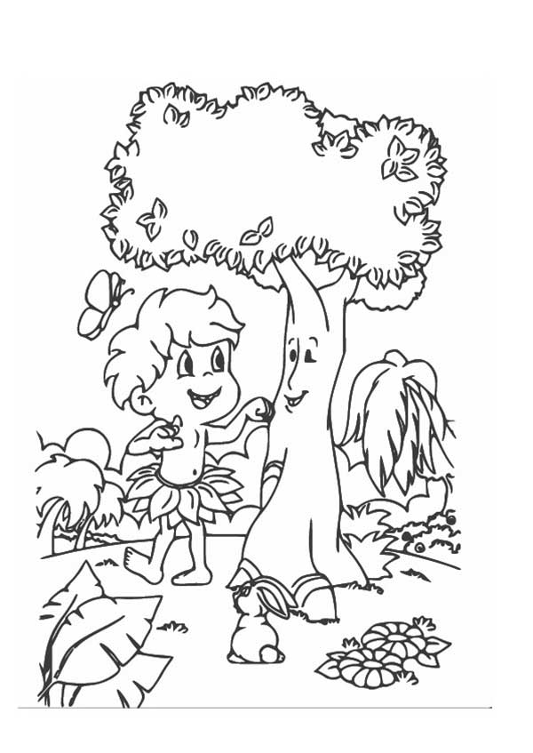 Desenho de Curupira ao lado da árvore para imprimir e colorir