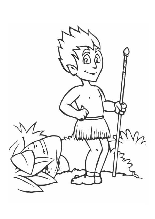 Desenho de Curupira com a lança na floresta para imprimir e colorir