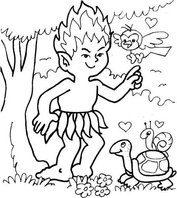 Desenho de Curupira com a tartaruga e o pássaro para imprimir e colorir