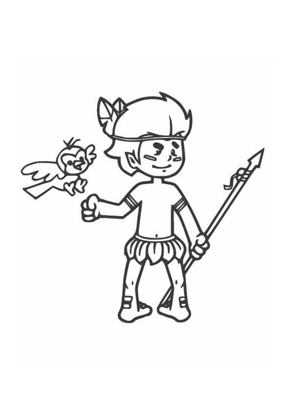 Desenho de Curupira com o passarinho amigo para imprimir e colorir