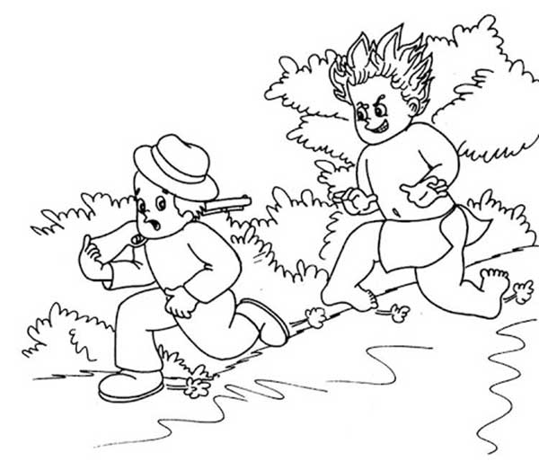 Desenho de Curupira correndo atrás do caçador para imprimir e colorir