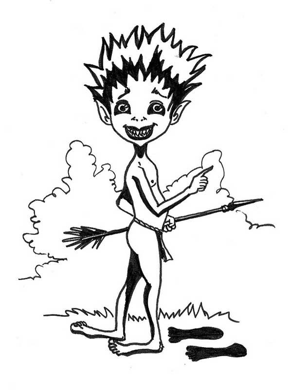 Desenho de Curupira de pés virados na floresta para imprimir e colorir