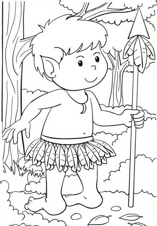 Desenho de Curupira de saia de folhas com a lança para imprimir e colorir