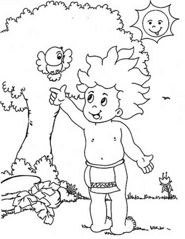 Desenho de Curupira e o sol na floresta para imprimir e colorir