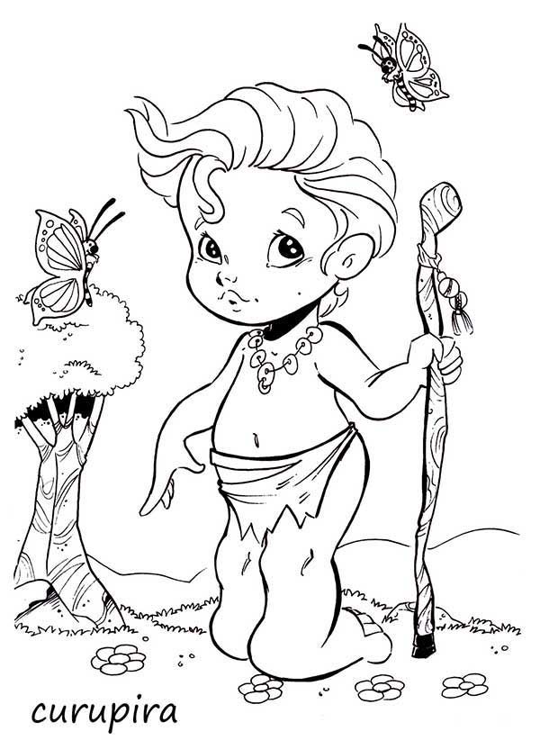 Desenho de Curupira entre borboletas para imprimir e colorir