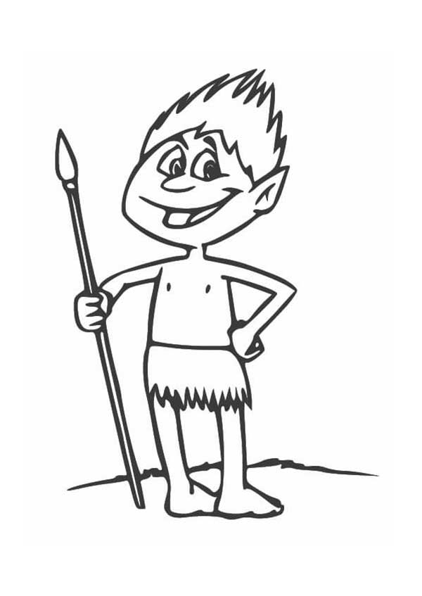 Desenho de Curupira sorridente com a lança para imprimir e colorir