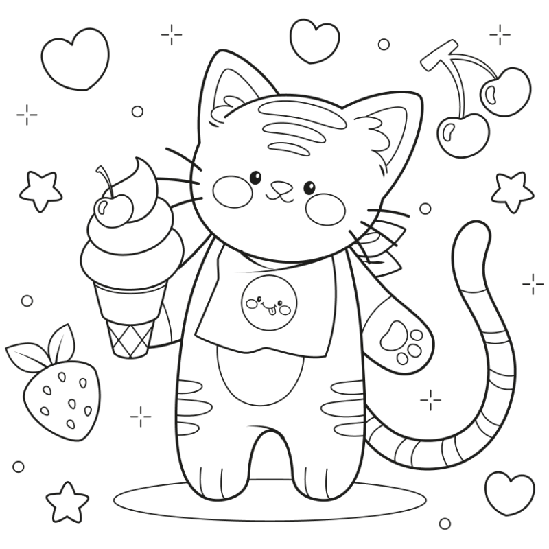 Divertido Gatinho com Sorvete e Frutas