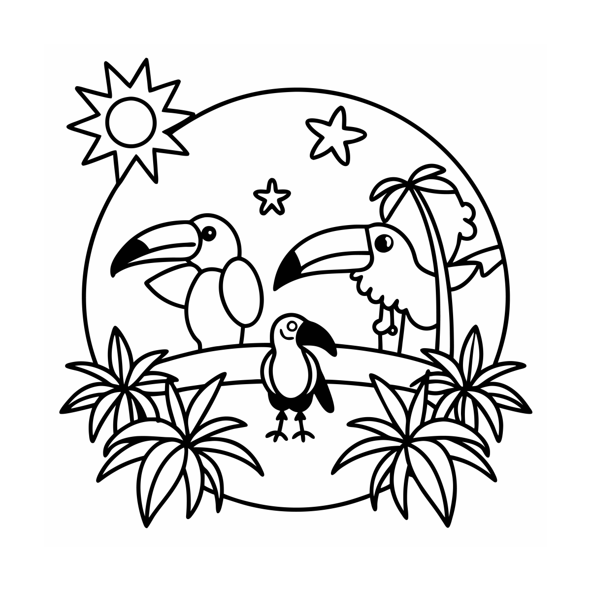 Desenho de Dois tucanos na floresta tropical com sol para imprimir e colorir