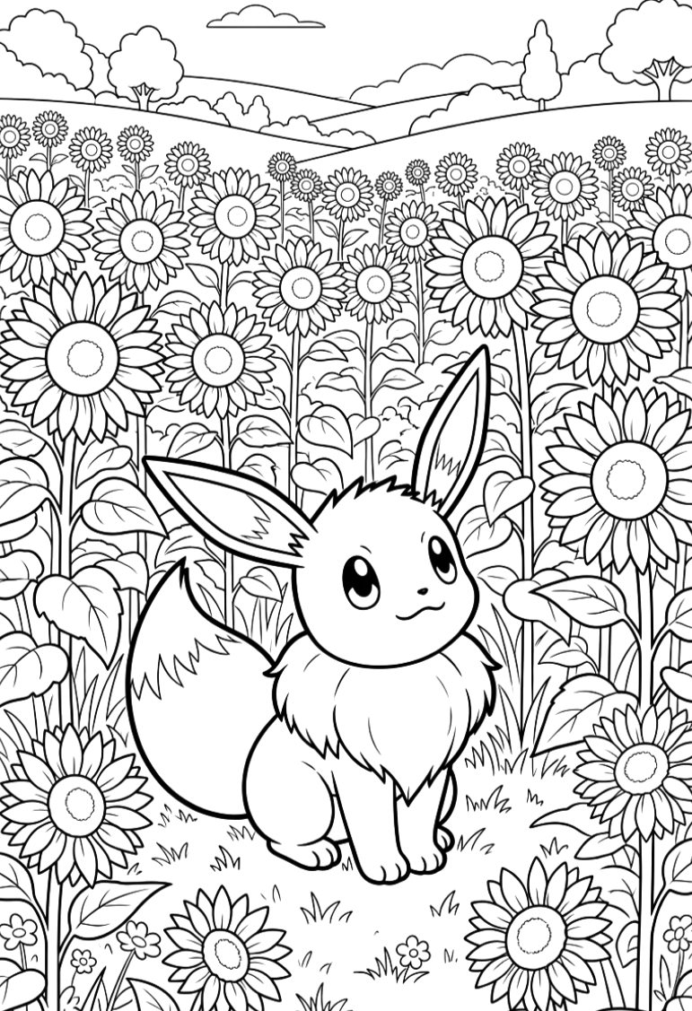 Desenho de Eevee no campo de girassóis para imprimir e colorir
